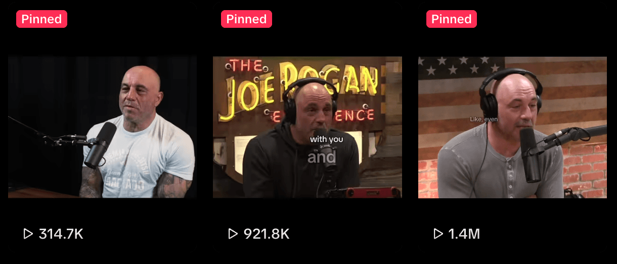Three TikTok podcast posts with 314.7 thousand, 921.8 thousand, and 1.4 million views