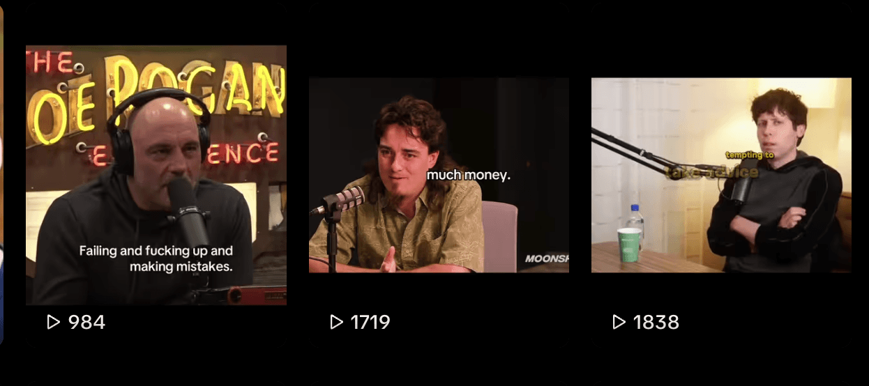 Three TikTok podcast posts with 984, 1,719, and 1,838 views